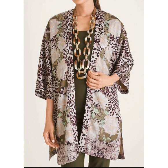 Chicos Ruana Wrap Kimono Size L/XL Brown Tan Floral Animal Print Poncho Silky - Picture 1 of 12